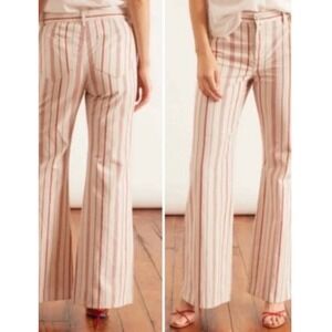 Nili‎ Lotan Cotton and Linen Striped Wide Leg Flare Pants Red/Cream Size 8 Retro